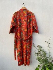 Indian Red Bird Printed Cotton Robes Long Kimono Sleepwear Night Kimono Robes