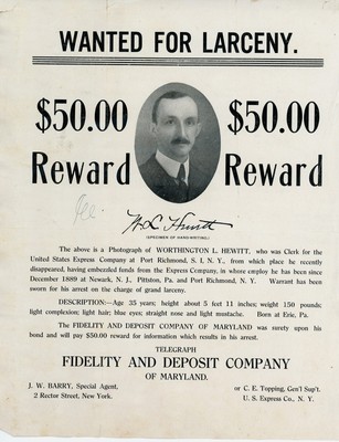 Maryland Fidelity & Deposit orig ~ 1910 reward poster Staten Island NY Embezzler