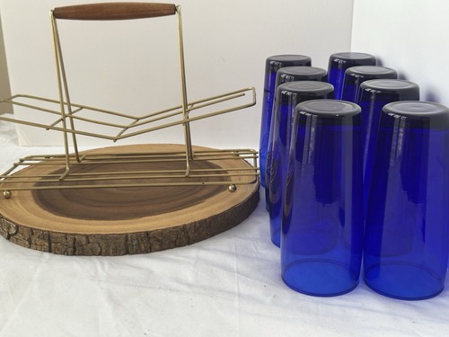 Vintage 1960’s 8 Glass Carrier With 8 Cobalt Blue Highball Glasses MCM - 第 5/15 張圖片