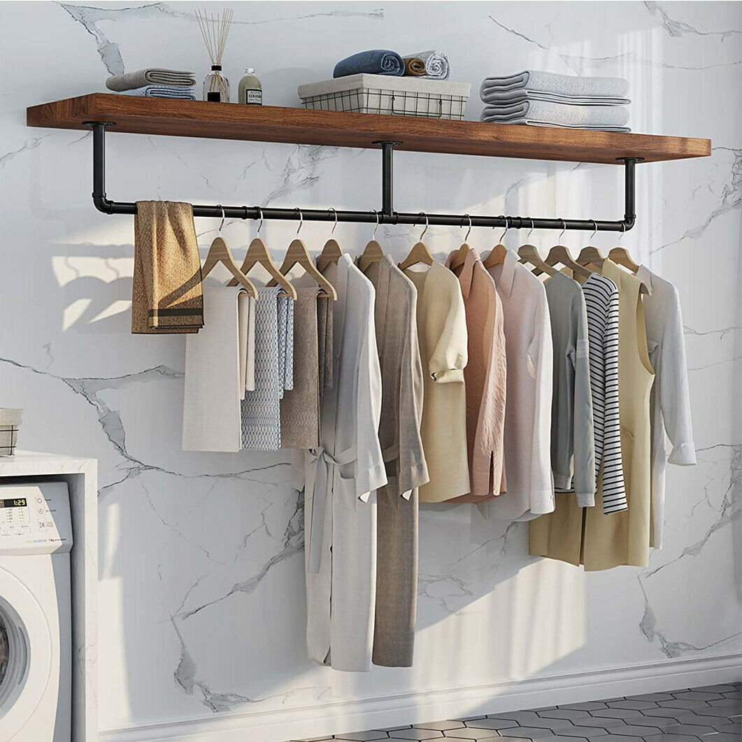 Clothes Rack Industrial Pipe Wall Mounted Garment Rack Hanging RodCloset Storage-image