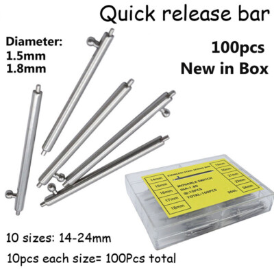 100Pcs Quick Release Spring Bar Stainless Steel Watch Parts Band Pins 14mm-24mm