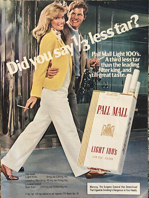 1982 Pall Mall Light 100s Cigarettes PRINT AD Walking Couple VTG 1980s Less Tar?