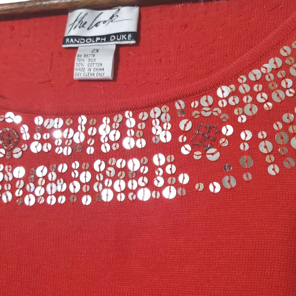 Camisa Top Randolph Duke The Look Mezcla Seda 2X Rojo Plata Lentejuelas Escote Para Mujer Foto 2 de 4