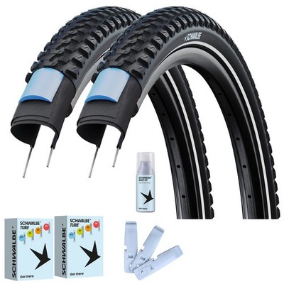 2 x Schwalbe Marathon Plus MTB Reifen + Schlauch + Reifenheber + Easy Fit 50ml