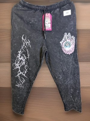 New-Mishka NYC Hand Eye Washed Sweatpants Graphic Joggers - Black Acid Wash-Sz M