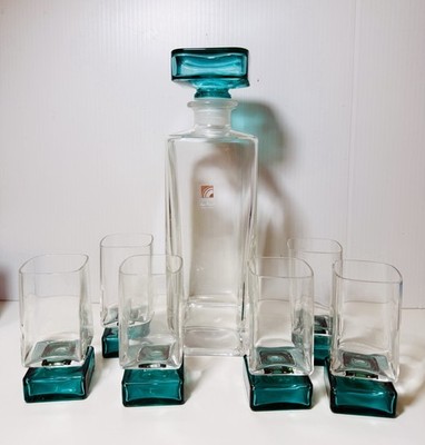 Luigi Bormioli Decanter & 6 Shot Glasses Monet Light & Music Italy Green 7pc