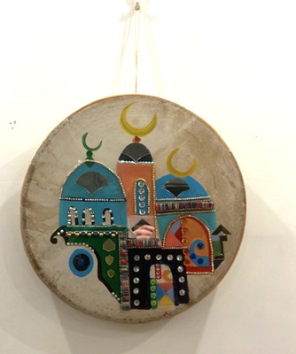 Handmade Islamic Mosque Wall Art Mixed Media 3D Mirror Bead Decor Folk Art Drum