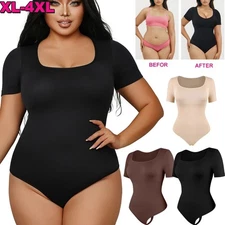 Women's Short Sleeve Open Crotch U Neck Shapewear Slimming Elastic Body Shaper