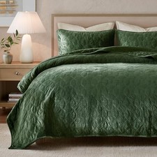 Harper Quilt Set Velvet Casual Geometric Stitching Full/Queen 90"x90" Green