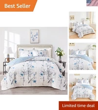 Botanical Quilt Set 3 Pieces King Size, Blue Flower Branch on White Reversibl...