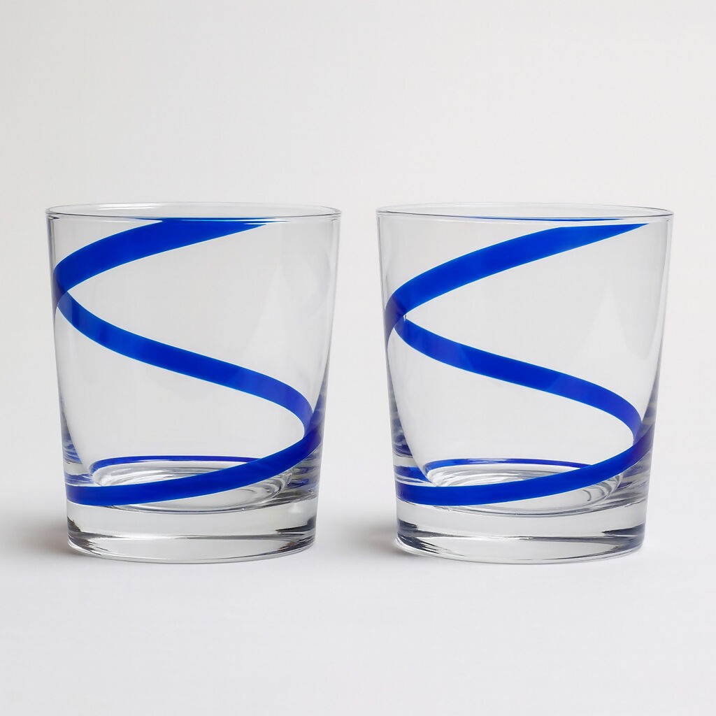 Pier 1 Swirline Cobalt Double Old Fashioned Glasses | Set of 2 | Excellent Cond