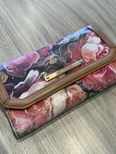 Brahmin Floral Print Leather Wallet Clutch • Multicolor Roses 