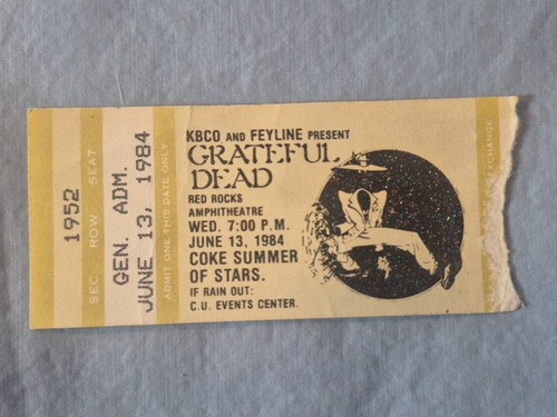 6-13-84 juin 1984 GRATEFUL DEAD billet talon Red Rocks Morrison Co - Photo 1/2