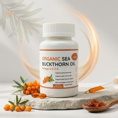Sea Buckthorn Oil Omega-7 Softgels, Premium Organic  (60Ct, 30 Day Supply)