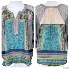 Fig Flower 3/4 Sleeve Split Neck Boho Peasant Semi Sheer Blouse Small