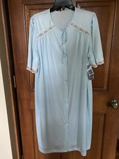Vintage Buttoned Gown Robe Pale Blue Lace Trim -M-NWT