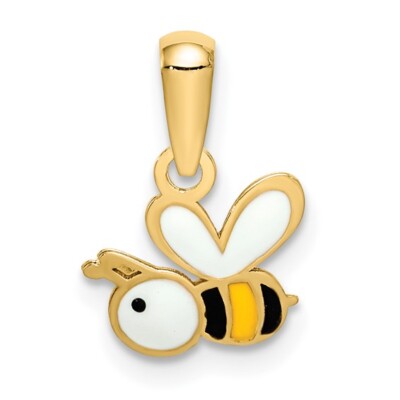 14K Yellow Gold Enamel Bumble Bee Necklace Charm Pendant