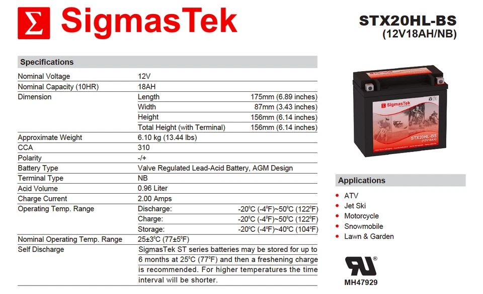 STX20HL-BS Battery Replacement for Honda NRX1800 Valkyrie Rune 1800CC 2004-2005 Foto 2 de 3
