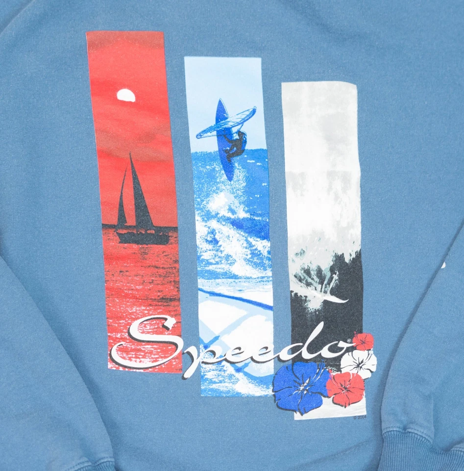 Moletom masculino vintage anos 90 Speedo surfista gola redonda tamanho XL azul Y2K feito nos EUA - Imagem 3 de 4