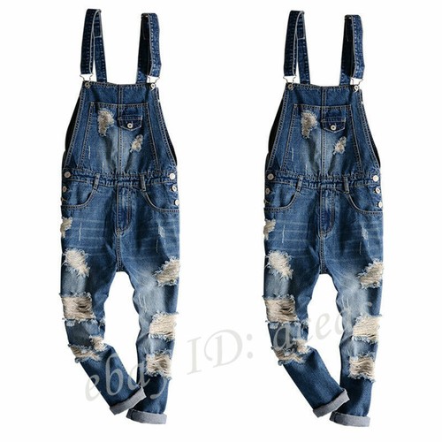 Para Hombre Pantalones De Mezclilla Rectos en general rasgada agujero  Enterizos Pantalones con Tiradores Jeans | eBay