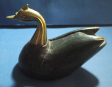 Vintage handgeschnitzte dekorative Ente aus Holz mit Bronzekopf Kunst Retro...