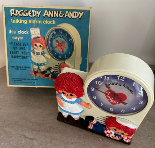 1974 Janex NJ Raggedy Ann & Andy Talking Alarm Clock w/Video and Box *WORKING*