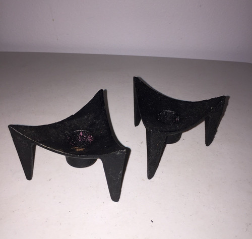 Vintage Mid Century Brutalist Tripod Black Metal Cast Iron Candle Holders Pair