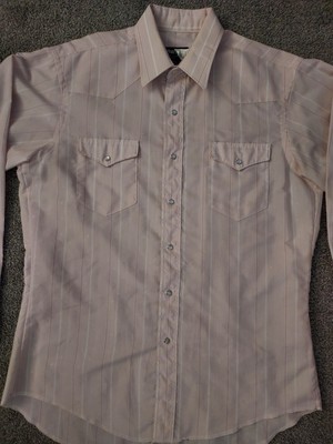 Vtg Wrangler Mens Shirt Sz 16-34 Pink White Stripe Western Pearl Snap Cowboy Cut