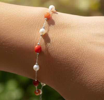 Elegant Silver Tone Bracelet Minimalist Pearl & Red Coral Stone Beaded Bracelet