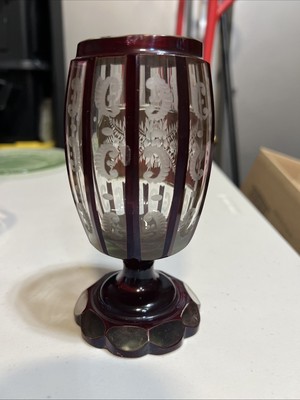 1 Ruby red cut-to-clear crystal goblet with etched scenic design