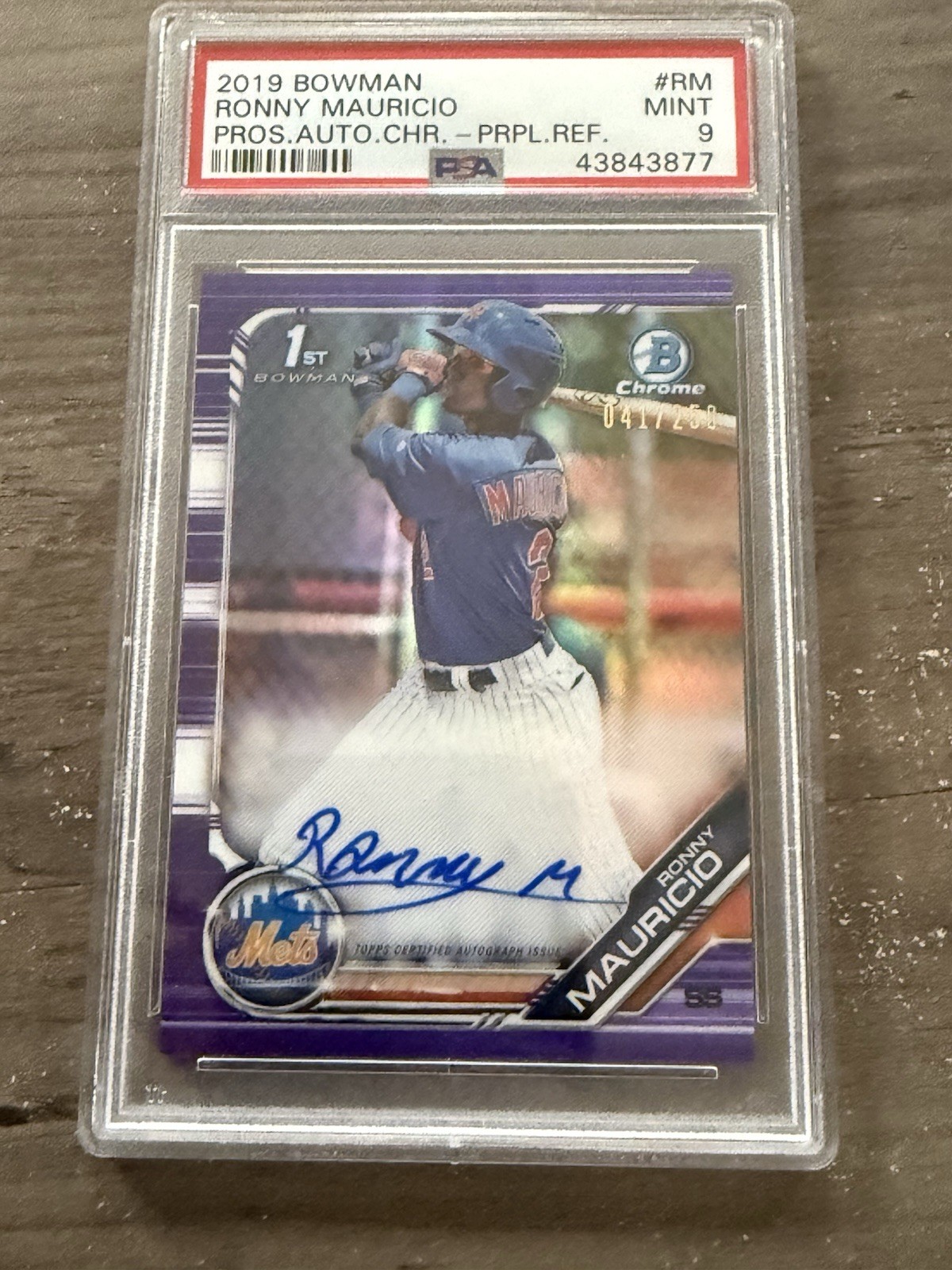 2019 Bowman Ronny Mauricio Chrome Prospect Auto Purple Refractor #132/250 PSA 9