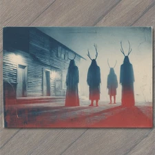 Art Print Horned Figures in Red Shadowed Fog Near Cabin at Night in Haunting Blu