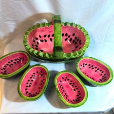 Vintage Watermelon Ceramic Basket with Handle & 4 Matching Serving Bowls