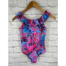 Lilly Pulitzer Girls Pink Blue Tropical Floral Ruffle One Piece Swimsuit Size 12