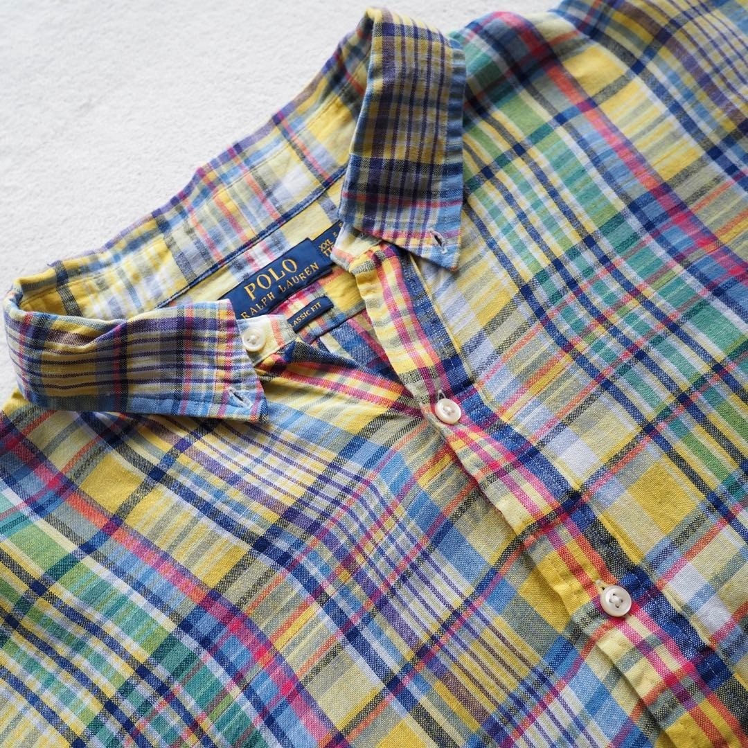 Polo Ralph Lauren Linen Check Shirt Yellow 4XL Long Sleeve Rare Size Used image 3