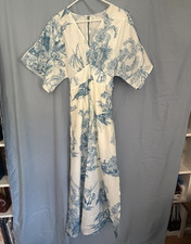Baltic Born White/Blue Floral Wrap Maxi Dress V-Neck Short Sleeve Tie S