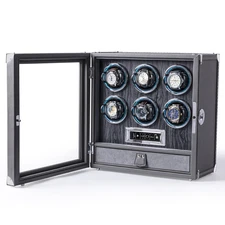 Fingerprint Automatic 6 Watch Winder Box LCD Digital Display Leather Drawer Gray