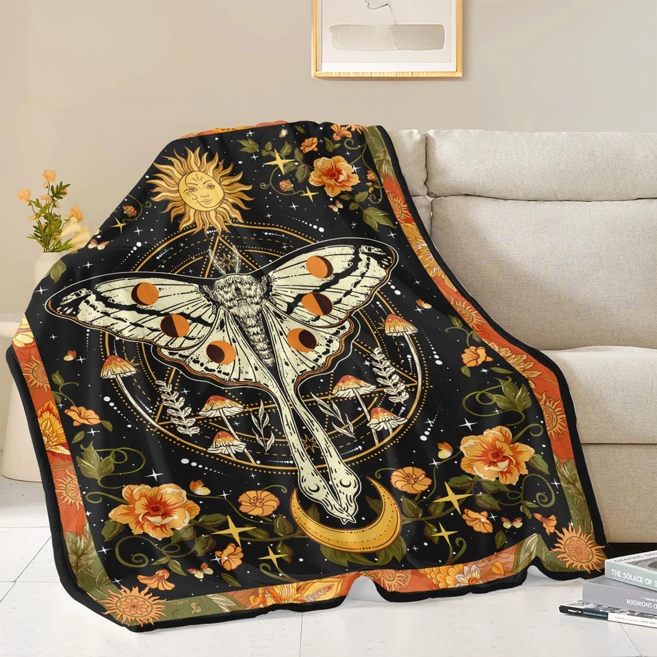 Orange Moth Throw Blanket, Retro Boho Flower Butterfly Sun Moon Star Aestheti... - Image 2 of 4