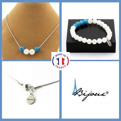 Bracelet Perles Pierre De Lune & Apatite 8 Mm - Fabriqué En France - Neuf Avec Étiquettes