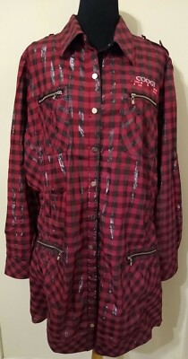 New Coogi Womens Holiday Dress Shirt Hem Red Plaid Gold Snap Metallic Stripes 3X