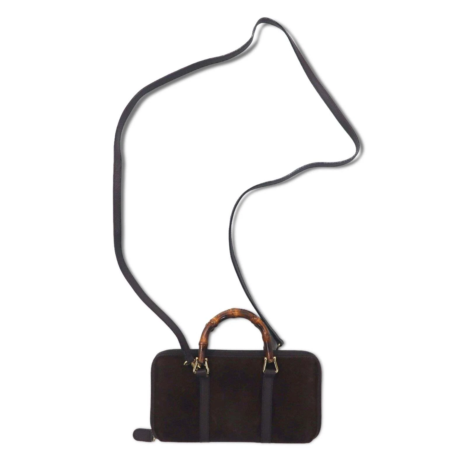Portefeuille épaule en bambou GUCCI 2WAY long portefeuille marron cuir daim attache ronde