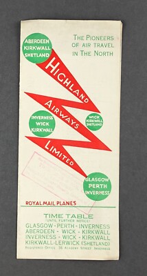 HIGHLAND AIRWAYS AIRLINE FAHRPLAN 1937 STRECKENKARTE 