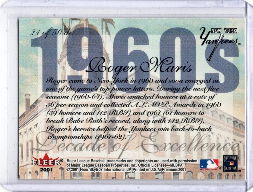 2001 Fleer Premium Decades of Excellence #21 Roger Maris - Image 2 of 2