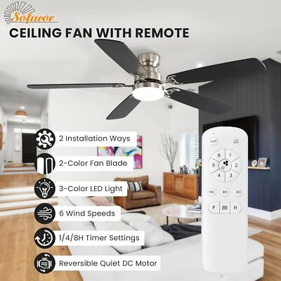 SOFUCOR 52 Inch Flush Mount Ceiling Fan With Light and Remote Modern Ceiling Fan Bedroom