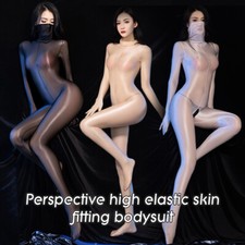 Women Sheer Oil Shiny Glossy Bodysuit Catsuit Bodystocking Gloves Tights w Mask