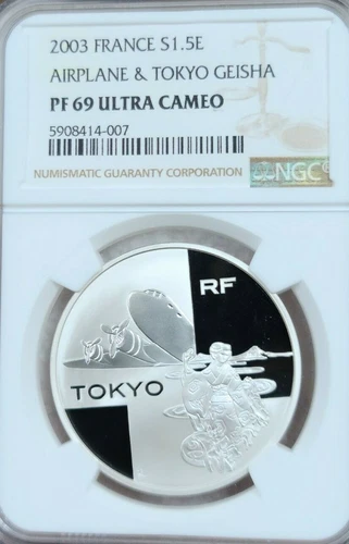2003 FRANCE SILVER 1.5 EURO TOKYO GEISHA NGC PF 69 ULTRA CAMEO SCARCE TOP POP