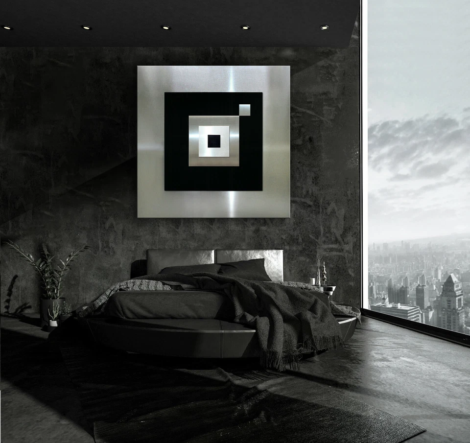 ORIGINAL ABSTRAKT METALL Bild Modern Schwarz Silber Grau Abstrakt Wandbild Deko - Bild 4 von 4