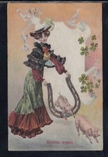 Postcard Switzerland Happy New Year Women Horseshoe Pigs RELIEF ZA424