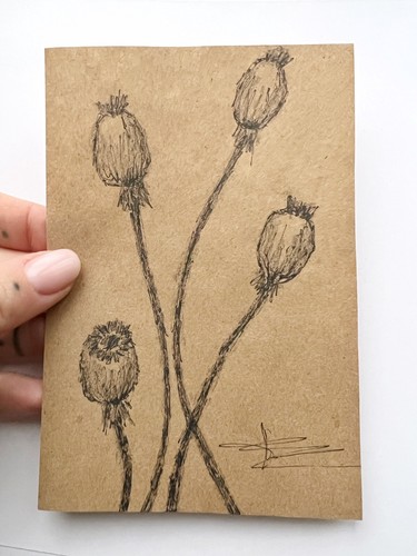 Poppy Pods Art 6” Poppy Heads Drawing Botanical Sketch Brown Aesthetic Wall Art - Picture 6 of 11