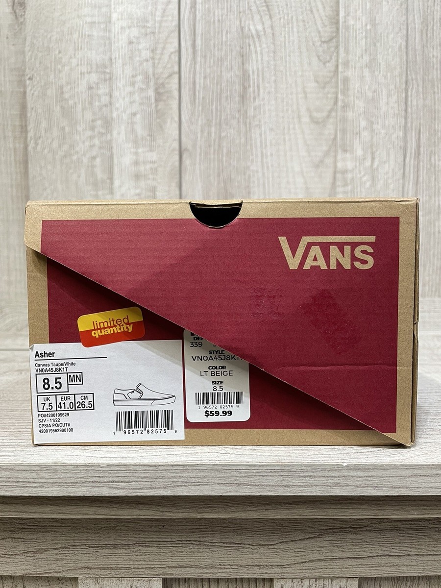Vans Asher Men's Size 8.5 Slip On Shoes Canvas Taupe White